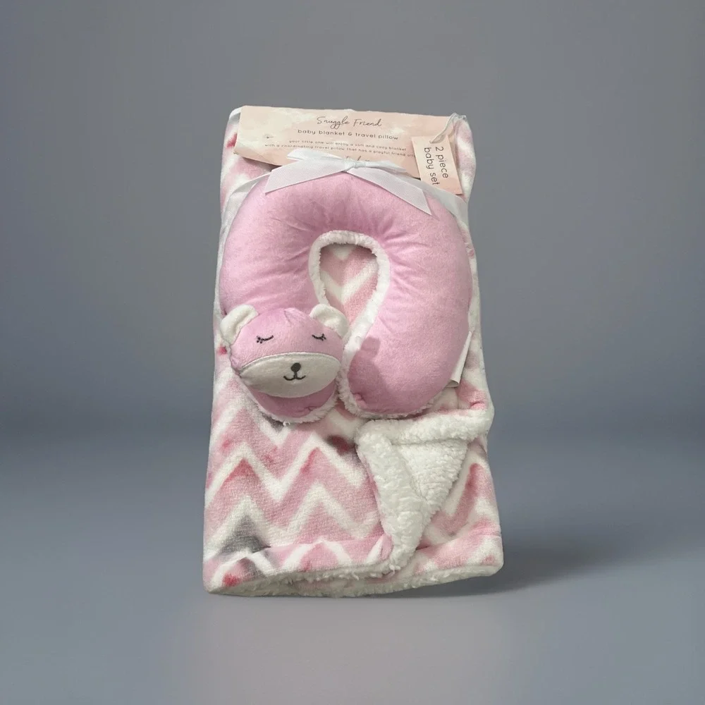 Cuddle Time Baby Blanket Set Neck Rest Pink Soft Plush Sherpa
